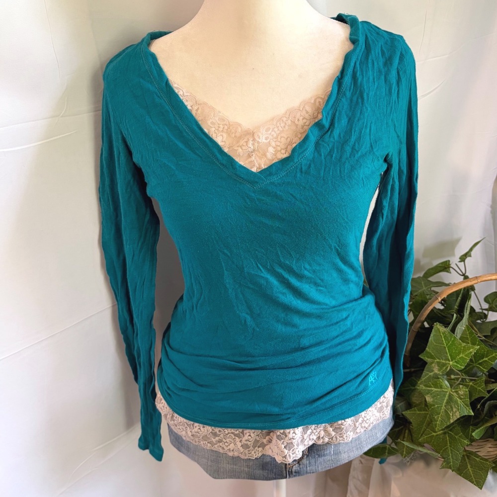 Y2K Aeropostale Teal Blue V-Neck Long Sleeve T-Shirt A87 Logo Size Medium
